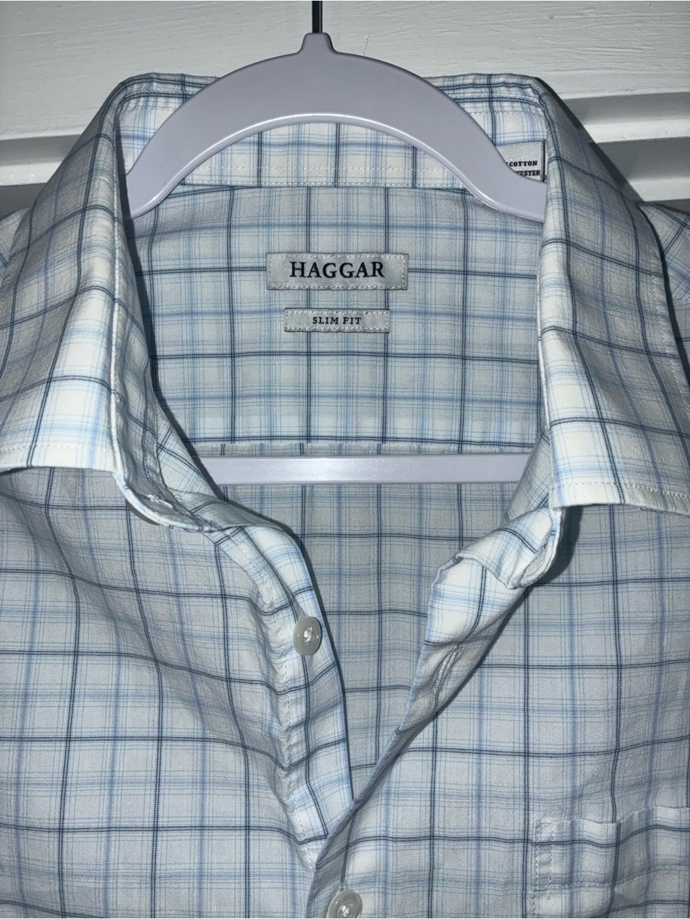 Haggar Slim Fit Blue & White Plaid Dress Shirt